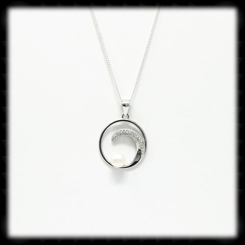 #A45N- Sparkling Pearl Wave Necklace- Silver