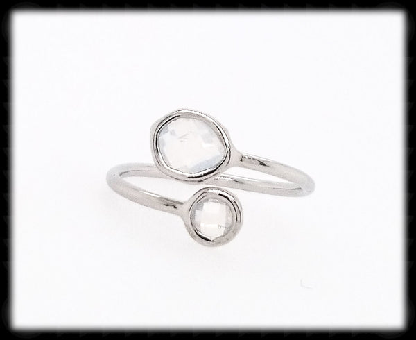 #RFT16- Framed Glass Adjustable Ring- White Opal Silver