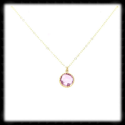 #AAAFTR781N-Round Filigree Framed Drop Necklace-Lavender Gold