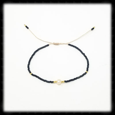 #BSTR19- Petite Adjustable String Bracelet- Pearl Navy