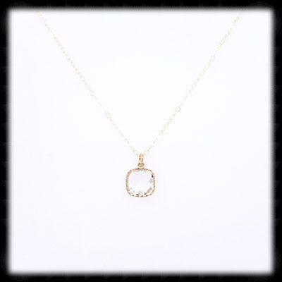 #AAAFTR85N-Petite Filigree Square Framed Drop Necklace-Clear Gold