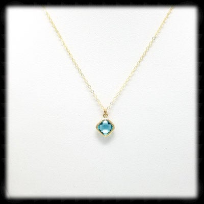 #SGFTD31NG- Framed Glass Square Drop Necklace- Aqua Gold