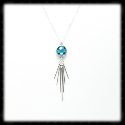 #MCFR17N- Framed Glass Fringe Necklace- Aqua Silver